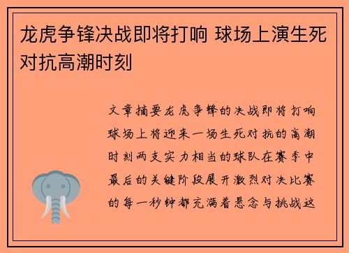 龙虎争锋决战即将打响 球场上演生死对抗高潮时刻