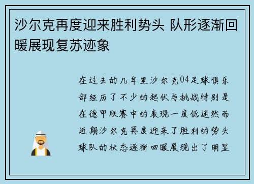 沙尔克再度迎来胜利势头 队形逐渐回暖展现复苏迹象