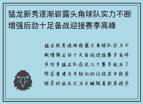 猛龙新秀逐渐崭露头角球队实力不断增强后劲十足备战迎接赛季高峰