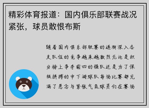 精彩体育报道：国内俱乐部联赛战况紧张，球员敢恨布斯